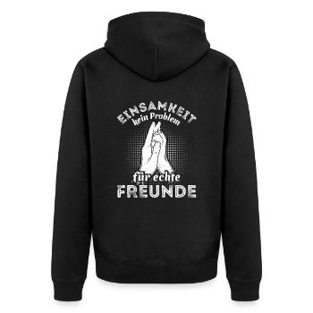 Einsamkeit - kein Problem für echte Freunde - Unisex Premium Bio Zip Hoodie - Schwarz - Hinten - Nico (187cm)