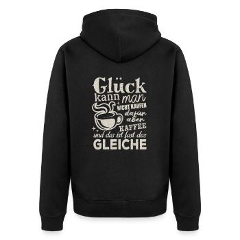 Glück kann man nicht kaufen aber Kaffee - Spruch - Unisex Premium Bio Zip Hoodie - Schwarz - Hinten - Nico (187cm)