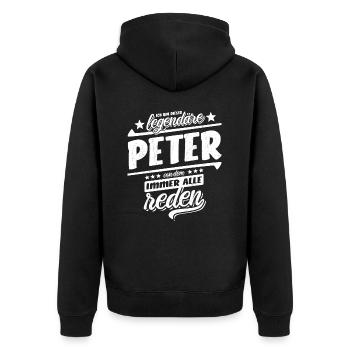 Ich bin dieser legendäre Peter von dem alle reden - Unisex Premium Bio Zip Hoodie - Schwarz - Hinten - Nico (187cm)