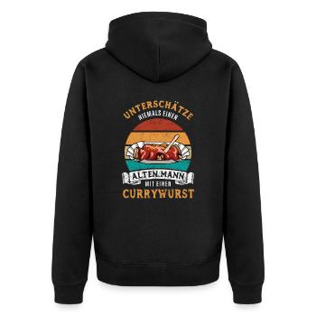 Unterschätze nie einen alten Mann mit Currywurst - Unisex Premium Bio Zip Hoodie - Schwarz - Hinten - Nico (187cm)