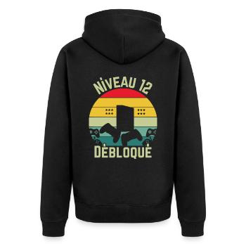 Level 12 freigeschaltet - Unisex Premium Bio Zip Hoodie - Schwarz - Hinten - Nico (187cm)