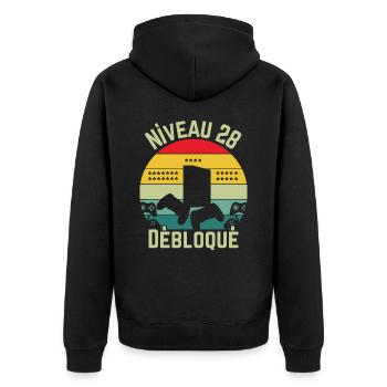 Level 28 freigeschaltet - Unisex Premium Bio Zip Hoodie - Schwarz - Hinten - Nico (187cm)