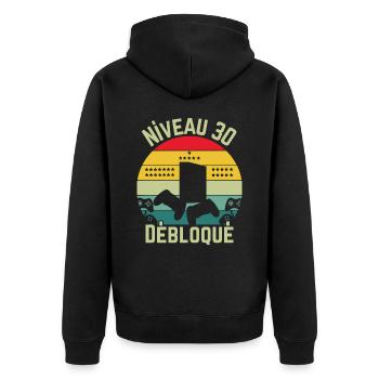Level 30 freigeschaltet - Unisex Premium Bio Zip Hoodie - Schwarz - Hinten - Nico (187cm)