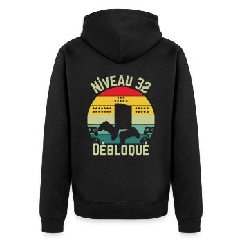 Level 32 Unlocked - Unisex Premium Organic Zip Hoodie - black - Back - Nico (187cm)