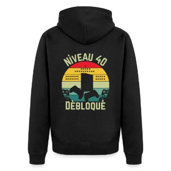 Level 40 freigeschaltet - Unisex Premium Bio Zip Hoodie - Schwarz - Hinten - Nico (187cm)