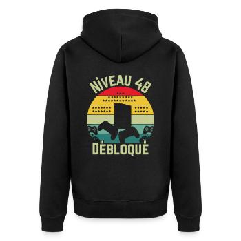Level 48 Unlocked - Unisex Premium Organic Zip Hoodie - black - Back - Nico (187cm)
