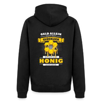 Geld allein macht nicht glücklich - aber Honig - Unisex Premium Bio Zip Hoodie - Schwarz - Hinten - Nico (187cm)