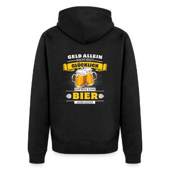 Geld allein macht nicht glücklich - aber Bier - Unisex Premium Bio Zip Hoodie - Schwarz - Hinten - Nico (187cm)