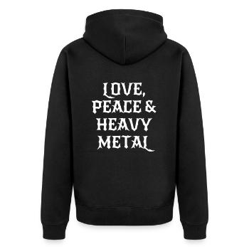 Love, Peace, Heavy Metal - Saying - Unisex Premium Organic Zip Hoodie - black - Back - Nico (187cm)