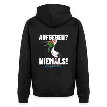 Frosch und Storch - Aufgeben? Niemals! - Unisex Premium Bio Zip Hoodie - Schwarz - Hinten - Nico (187cm)