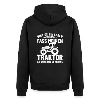Ein Leben nach dem Tod? - Traktor anfassen - Unisex Premium Bio Zip Hoodie - Schwarz - Hinten - Nico (187cm)
