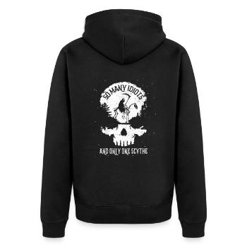 So viele Idioten und nur eine Sense - Unisex Premium Bio Zip Hoodie - Schwarz - Hinten - Nico (187cm)
