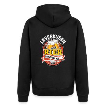 Leverkusen & Bier darum bin ich hier - Spruch - Unisex Premium Bio Zip Hoodie - Schwarz - Hinten - Nico (187cm)