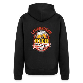 Leverkusen & Bier darum bin ich hier - Spruch - Unisex Premium Bio Zip Hoodie - Schwarz - Hinten - Nico (187cm)