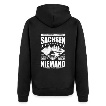 Leg dich nicht mit einem Sachsen an - Spruch - Unisex Premium Bio Zip Hoodie - Schwarz - Hinten - Nico (187cm)