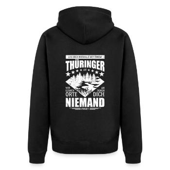 Leg dich nicht mit einem Thüringer an - Spruch - Unisex Premium Bio Zip Hoodie - Schwarz - Hinten - Nico (187cm)