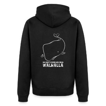 Wo geht's denn hier nach Walhalla - Wal - Spruch - Unisex Premium Bio Zip Hoodie - Schwarz - Hinten - Nico (187cm)