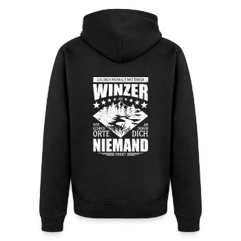 Leg dich niemals mit einem Winzer an - Spruch - Unisex Premium Bio Zip Hoodie - Schwarz - Hinten - Nico (187cm)
