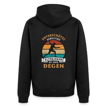 Unterschätze niemals einen alten Mann mit Degen - Unisex Premium Bio Zip Hoodie - Schwarz - Hinten - Nico (187cm)