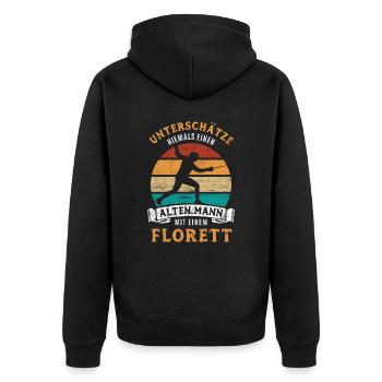 Unterschätze niemals einen alten Mann mit Florett - Unisex Premium Bio Zip Hoodie - Schwarz - Hinten - Nico (187cm)