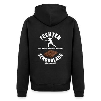 Fechten löst meine Probleme - Schoko Spruch - Unisex Premium Bio Zip Hoodie - Schwarz - Hinten - Nico (187cm)