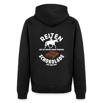 Reiten löst meine Probleme - Schoko Spruch - Unisex Premium Bio Zip Hoodie - Schwarz - Hinten - Nico (187cm)