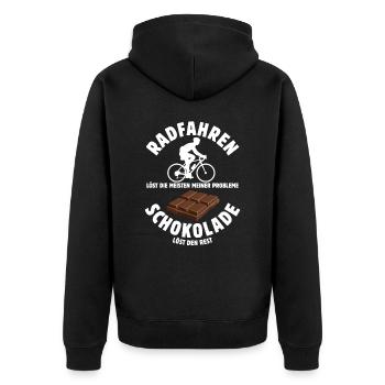 Radfahren löst meine Probleme - Schoko Spruch - Unisex Premium Bio Zip Hoodie - Schwarz - Hinten - Nico (187cm)