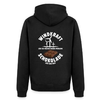 Windkraft löst meine Probleme - Schoko Spruch - Unisex Premium Bio Zip Hoodie - Schwarz - Hinten - Nico (187cm)