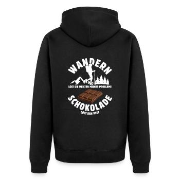 Wandern löst meine Probleme - Schoko Spruch - Unisex Premium Bio Zip Hoodie - Schwarz - Hinten - Nico (187cm)