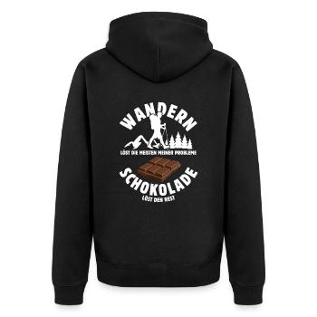 Wandern löst meine Probleme - Schoko Spruch - Unisex Premium Bio Zip Hoodie - Schwarz - Hinten - Nico (187cm)