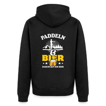 Paddeln & Bier - darum bin ich hier - SUP Spruch - Unisex Premium Bio Zip Hoodie - Schwarz - Hinten - Nico (187cm)