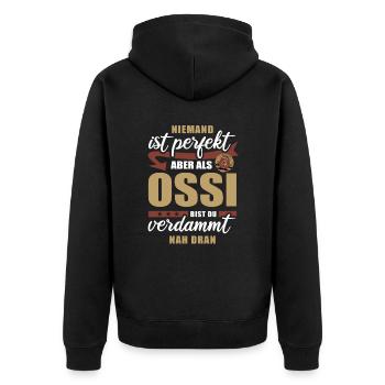 Niemand ist perfekt - Ossi - Spruch - Unisex Premium Bio Zip Hoodie - Schwarz - Hinten - Nico (187cm)
