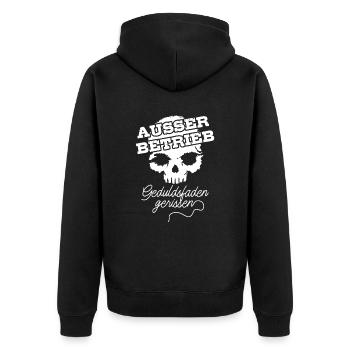 Totenkopf, Außer Betrieb Geduldsfaden gerissen - Unisex Premium Bio Zip Hoodie - Schwarz - Hinten - Nico (187cm)
