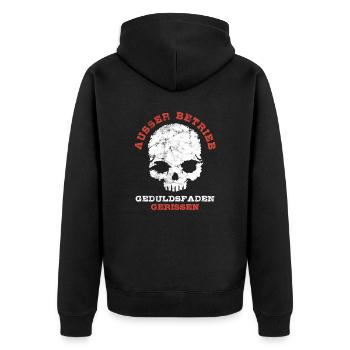 Totenkopf, Außer Betrieb Geduldsfaden gerissen - Unisex Premium Bio Zip Hoodie - Schwarz - Hinten - Nico (187cm)