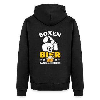 Boxen und Bier, darum bin ich hier - Spruch - Unisex Premium Bio Zip Hoodie - Schwarz - Hinten - Nico (187cm)