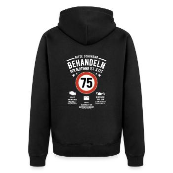 Oldtimer schonend behandeln - 75. Geburtstag - Unisex Premium Bio Zip Hoodie - Schwarz - Hinten - Nico (187cm)