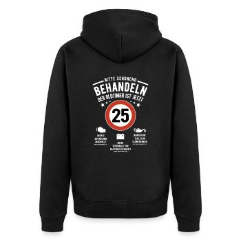 Oldtimer schonend behandeln - 25. Geburtstag - Unisex Premium Bio Zip Hoodie - Schwarz - Hinten - Nico (187cm)