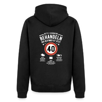 Oldtimer schonend behandeln - 40. Geburtstag - Unisex Premium Bio Zip Hoodie - Schwarz - Hinten - Nico (187cm)