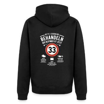 Oldtimer schonend behandeln - 33. Geburtstag - Unisex Premium Bio Zip Hoodie - Schwarz - Hinten - Nico (187cm)