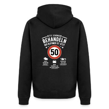 Oldtimer schonend behandeln - 50. Geburtstag - Unisex Premium Bio Zip Hoodie - Schwarz - Hinten - Nico (187cm)
