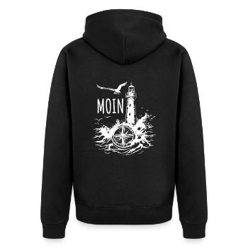 Moin - Leuchtturm - Möwe, Wellen, Geschenk - Unisex Premium Bio Zip Hoodie - Schwarz - Hinten - Nico (187cm)