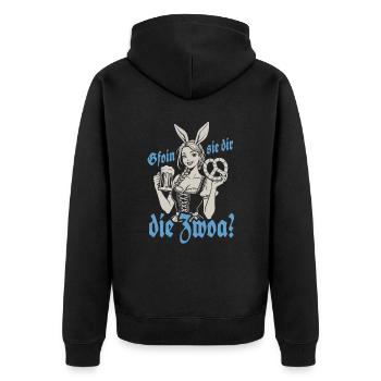 Gefallen sie dir, die Zwei? Dirndl Bier & Bretzen - Unisex Premium Bio Zip Hoodie - Schwarz - Hinten - Nico (187cm)