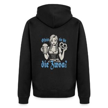 Gefallen sie dir, die Zwei? Dirndl Bier & Bretzen - Unisex Premium Bio Zip Hoodie - Schwarz - Hinten - Nico (187cm)