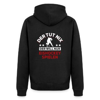 Der tut nix der will nur Eishockey spielen Spruch - Unisex Premium Bio Zip Hoodie - Schwarz - Hinten - Nico (187cm)
