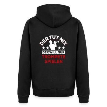 Der tut nix der will nur Trompete spielen - Spruch - Unisex Premium Bio Zip Hoodie - Schwarz - Hinten - Nico (187cm)