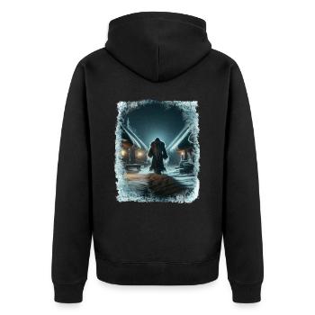 Väterchen Frost spaziert durch das eisige Dorf - Unisex Premium Bio Zip Hoodie - Schwarz - Hinten - Nico (187cm)