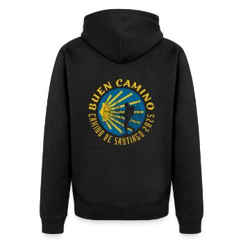Buen Camino de Santiago 2025 - Ladies - Unisex Premium Bio Zip Hoodie - Schwarz - Hinten - Nico (187cm)