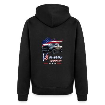US Pick Up V8 Auto -Blubbern und Grinsen-Pick Up - Unisex Premium Bio Zip Hoodie - Schwarz - Hinten - Nico (187cm)