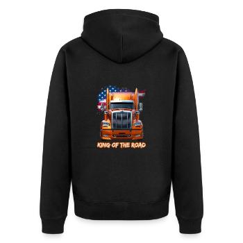 US LKW Amerika mit Flagge -King of the road - Unisex Premium Bio Zip Hoodie - Schwarz - Hinten - Nico (187cm)