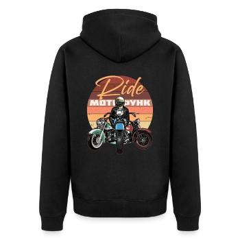 Ride Motorrad, Biker im Sonnenuntergang - Unisex Premium Bio Zip Hoodie - Schwarz - Hinten - Nico (187cm)